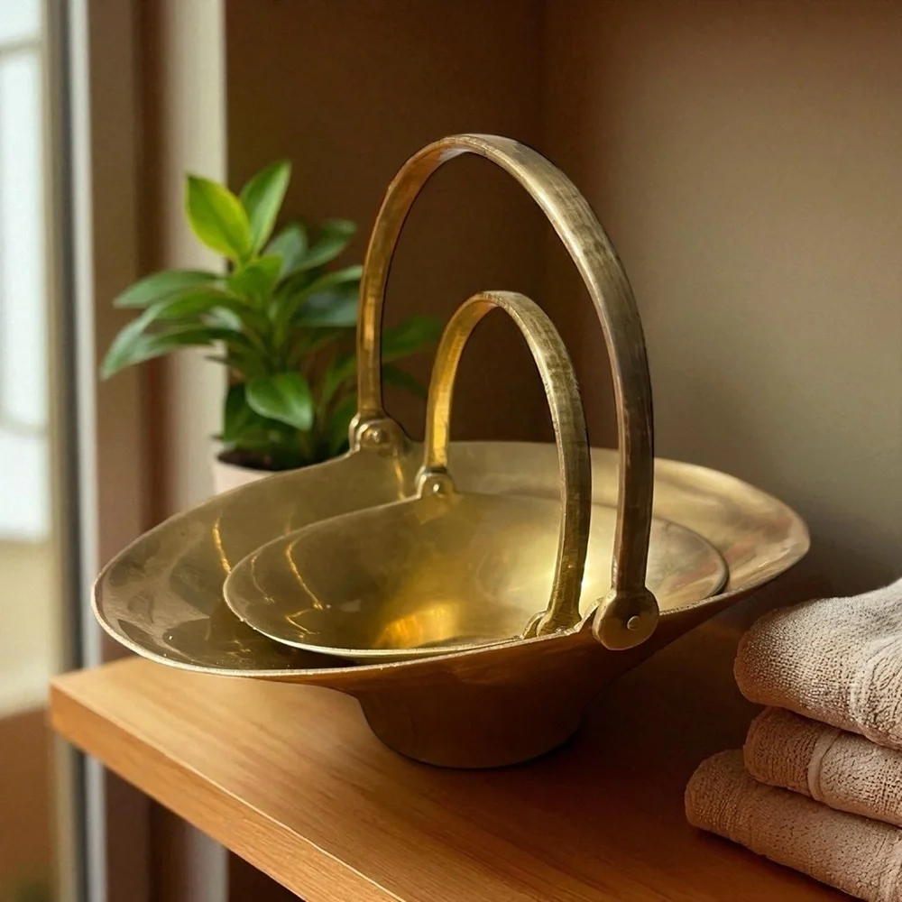 Vtg Brass Baskets Set of 2 Nesting Handled Patina MCM Hollywood Regency Decor